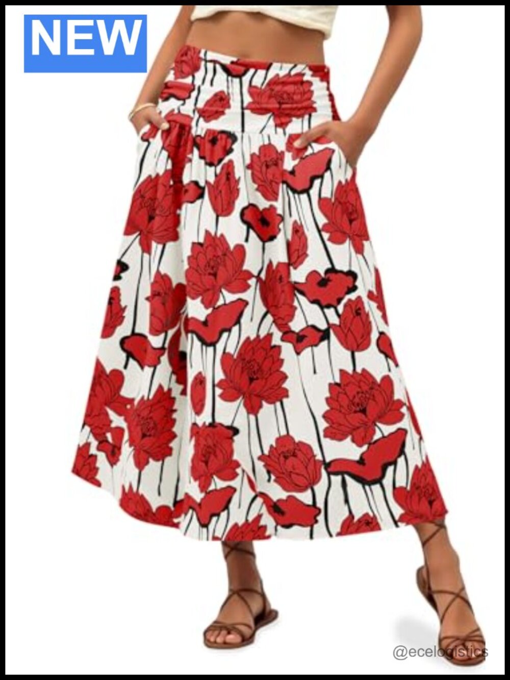 Women's Floral A-Line Maxi Skirt, High Waisted Stretchy Long Skirt with Pockets